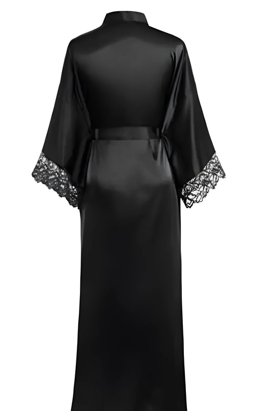 Peignoir Kimono Noir Satin Dentelle Femme Élégant - 1