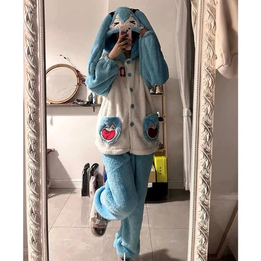 Pyjama Hatsune Miku Bleu Clair Polaire Capuche Lapin - 1