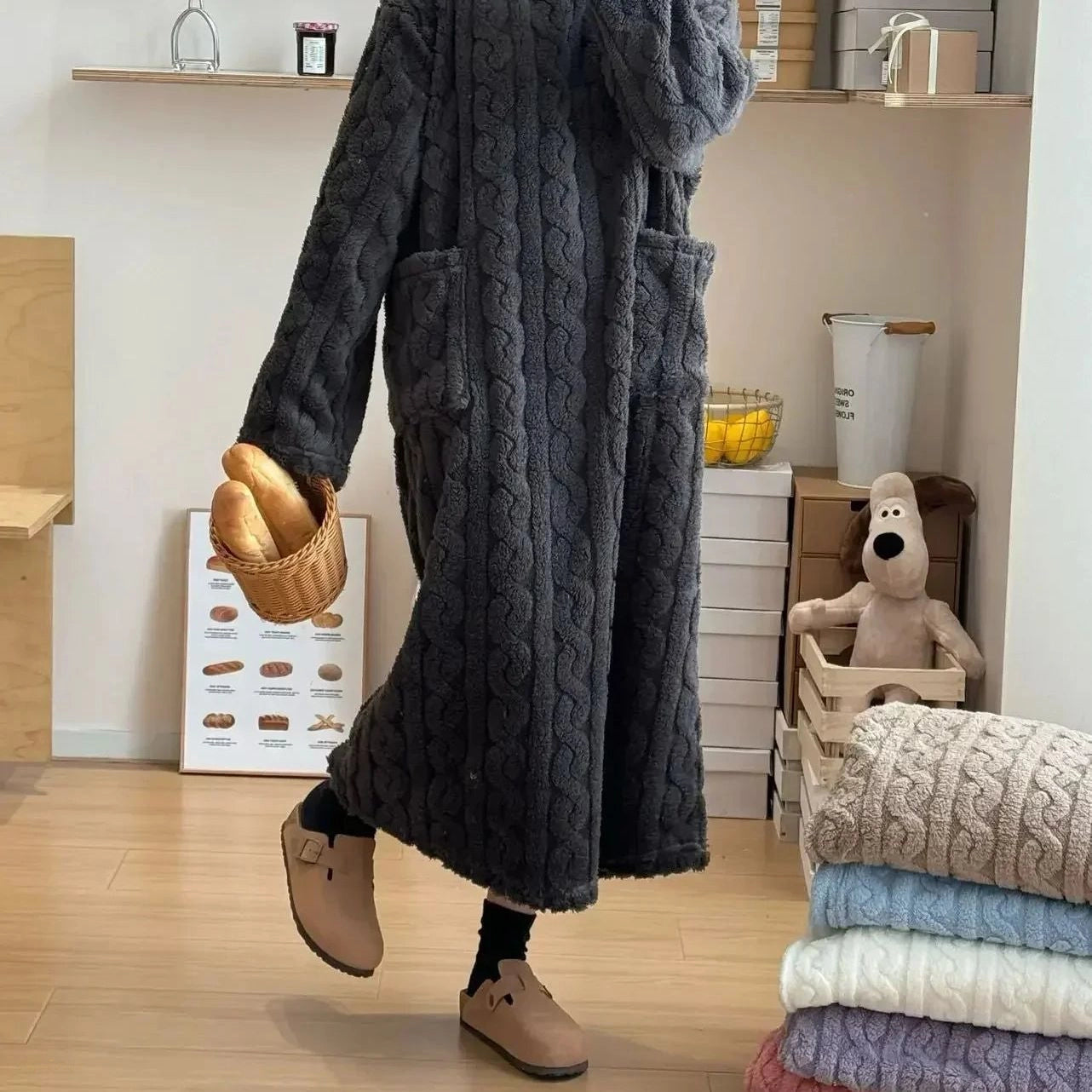 Chemise de Nuit Longue Polaire Femme Manches Longues Poches - Gris Foncé Vintage - One Size - 10