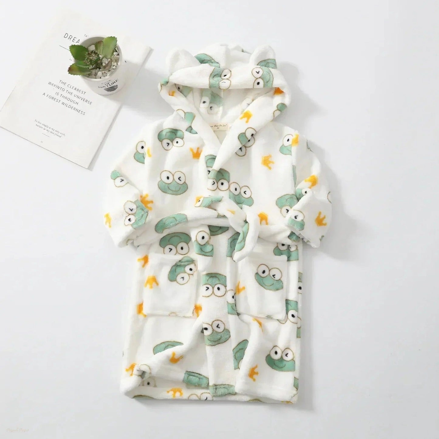 Peignoir Enfant Blanc Poudré à Capuche Motifs Grenouilles - Blanc Poudré - 9-10 ans(150cm)