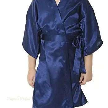 Peignoir Enfant Bleu Nuit Satin Rayé - Bleu Nuit - S