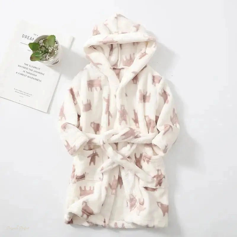 Peignoir Enfant Flanelle Blanc Cassé Rose à Capuche - Blanc Cassé Rose - 4 ans (110cm)