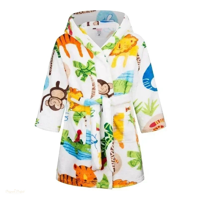 Peignoir Enfant Flanelle Blanc Motif Jungle - Blanc Motif Jungle - 170 (11-12 ans)