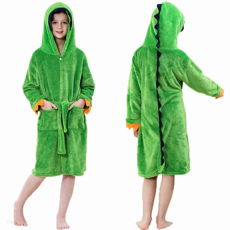 Peignoir Enfant Flanelle Vert Dinosaure à Capuche - Vert Dinosaure - 10-11 ans