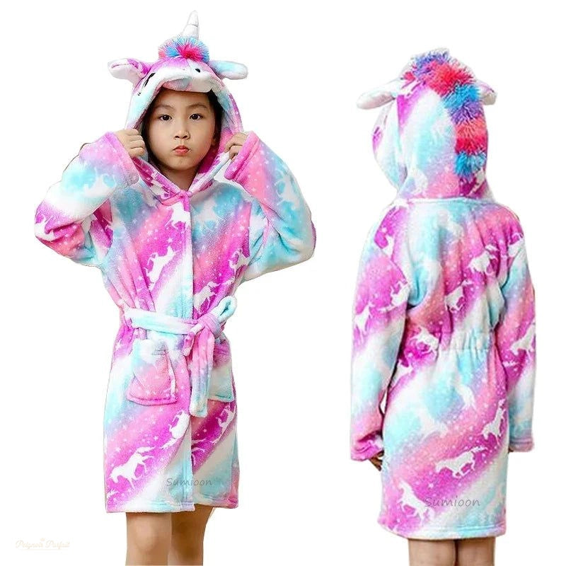 Peignoir Enfant Licorne Rose Et Bleu Flanelle À Capuche - Rose Et Bleu - 100cm (1-2 ans)