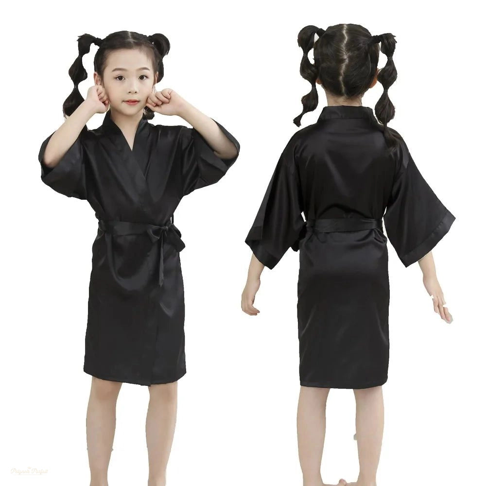 Peignoir Enfant Noir Satiné - Kimono Luxe - Noir Satiné - 150cm (10-11 ans)