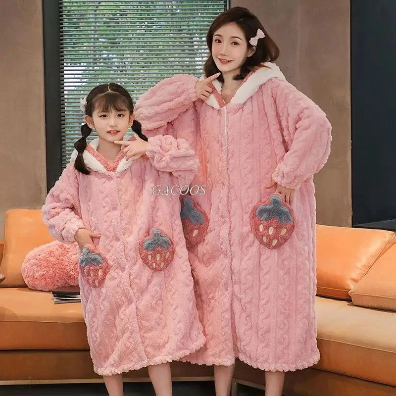 Peignoir Enfant Rose Fraise Manches Longues Capuche - Rose Fraise - M (150-168cm)