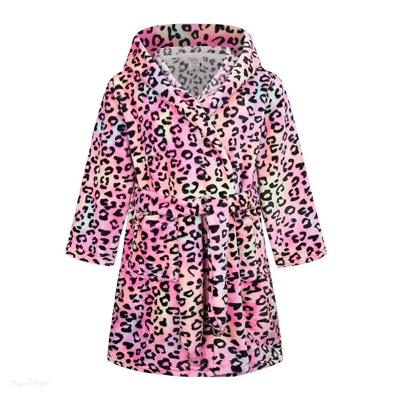 Peignoir Enfant Rose Léopard Multicolore Flanelle Capuche - Rose Léopard Multicolore - 140 (7-8 ans)