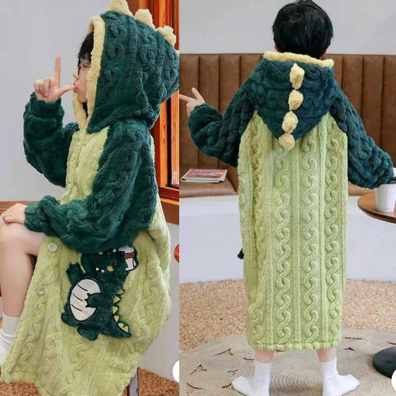 Peignoir Enfant Vert Dinosaure Manches Longues Capuche - Vert Dinosaure - Taille 12 (115-125cm)