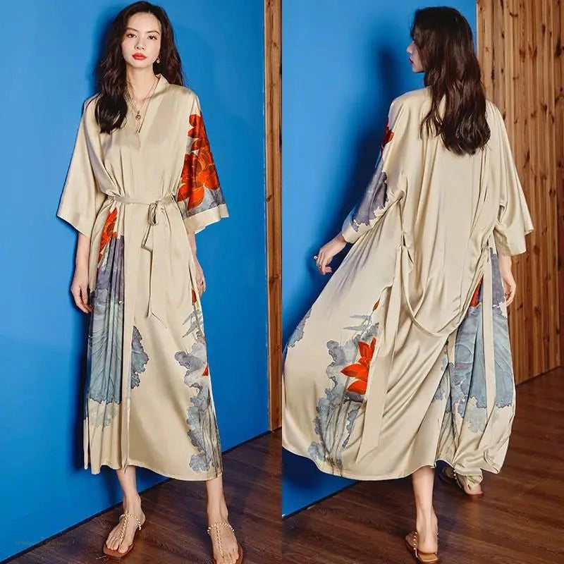 Peignoir Femme Satin Beige Fleuri - Robe Longue Kimono - Beige Fleuri - One Size