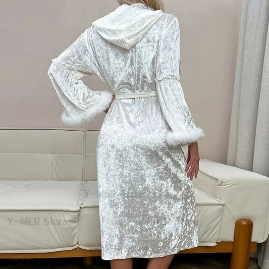 Peignoir Femme Velours Dentelle Capuche Long - 1