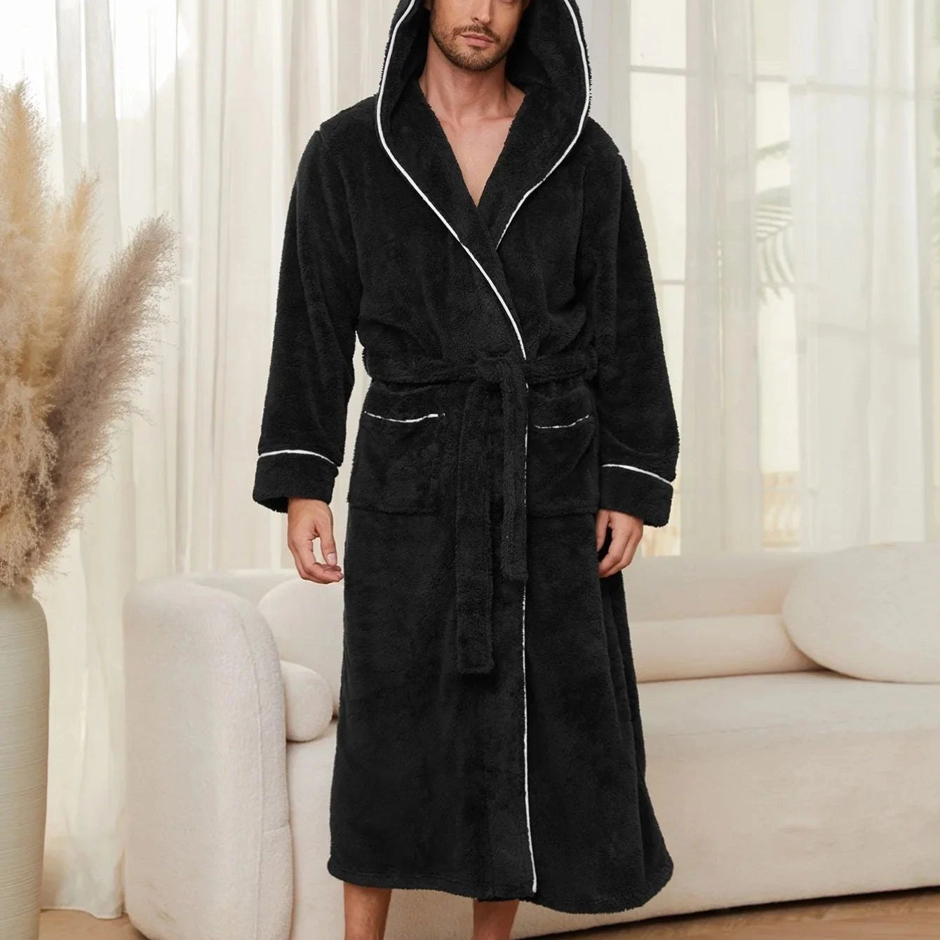 Peignoir Flanelle Noir Élégant Homme Chaud - Noir Élégant - L