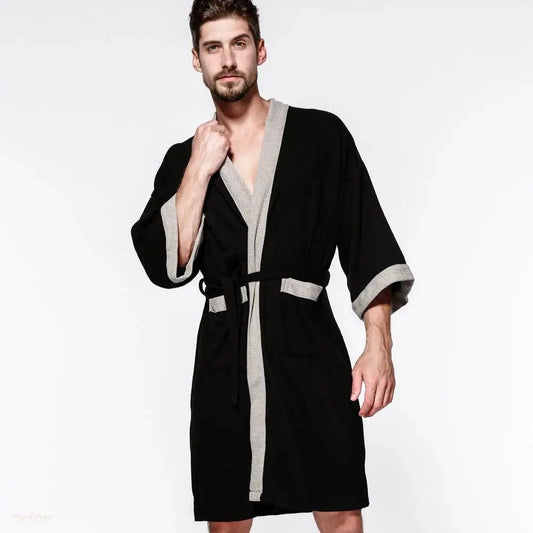 Peignoir Homme Coton Gaufré Col V Confortable - 1