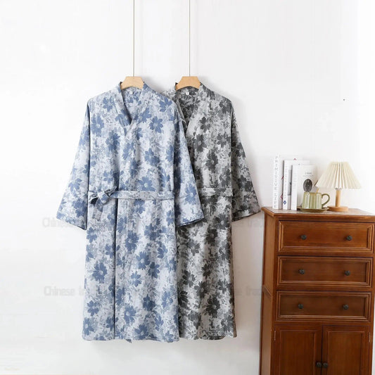 Peignoir Homme Coton Kimono Japonais Printemps Automne - 1