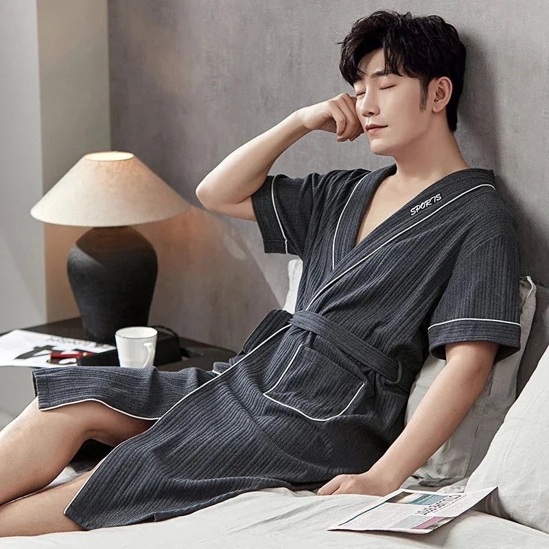 Peignoir Homme Gris Foncé Coton Tricoté Col V - Gris Foncé - XXXXL