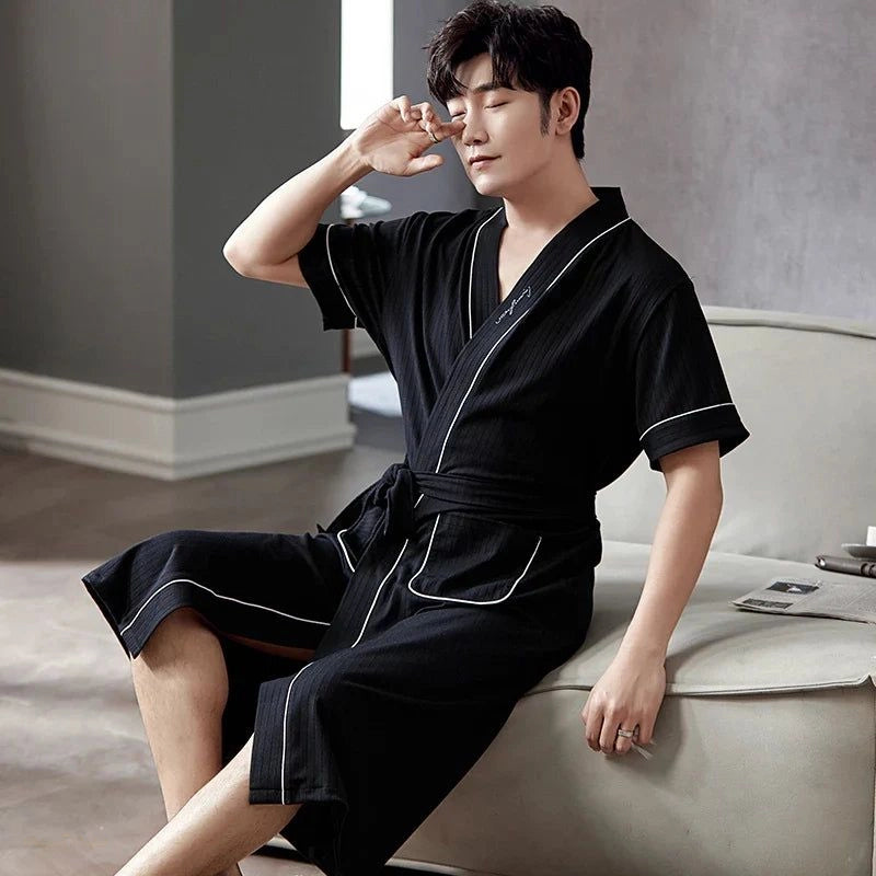 Peignoir Homme Noir Intense Coton Kimono Court - Noir Intense - XXL