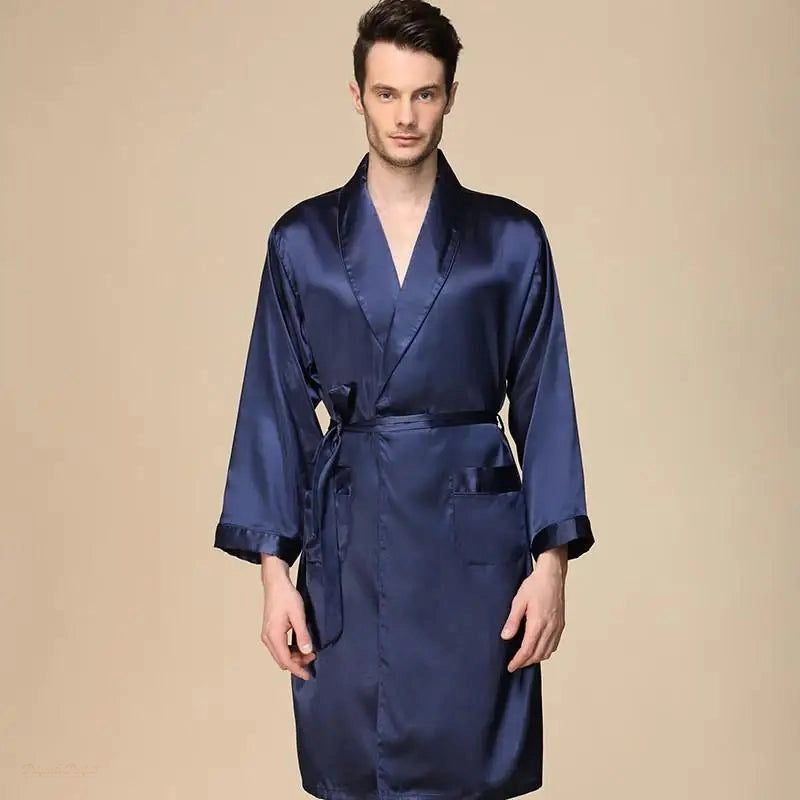 Peignoir Homme Satin Bleu Marine - Kimono Long - Bleu Marine Satiné - 5XL