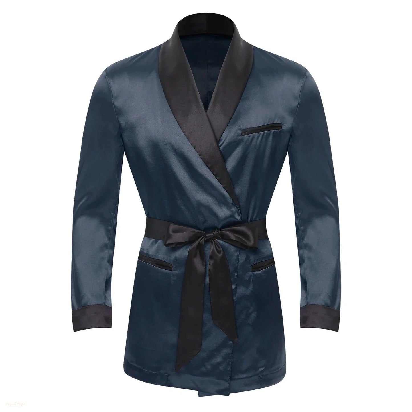Peignoir Homme Satin Bleu Nuit avec Ceinture - Bleu Nuit Satiné - XXXXL