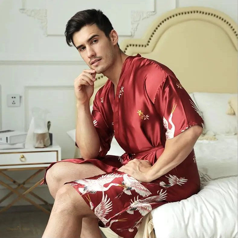 Peignoir Homme Satin Bourgogne Col V Été - Bourgogne - L