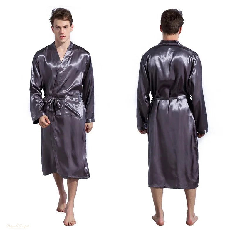 Peignoir Homme Satin Gris - Kimono Confortable - Gris Satiné - XXL(87.5-95kg)