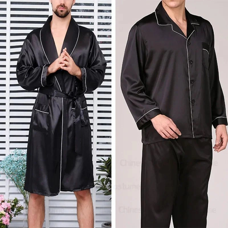 Peignoir Homme Satin Noir - Ensemble Nuit - Noir Satiné - XXL