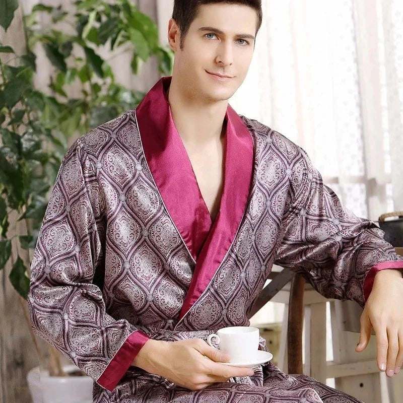 Peignoir Homme Satin Rouge Et Doré - Kimono Luxe - Rouge Et Doré - XL