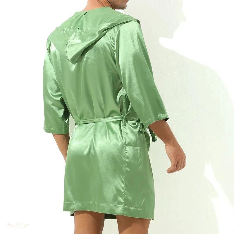 Peignoir Homme Vert Clair Manches Courtes Soyeux - Vert Clair - L