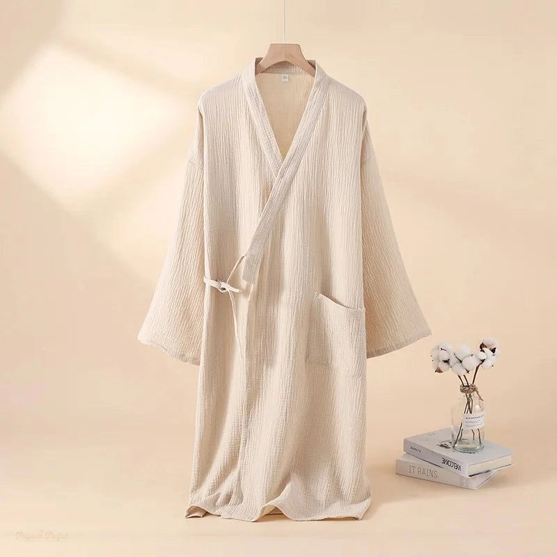 Peignoir Kimono Beige Clair Femme Coton - Beige Clair - XL