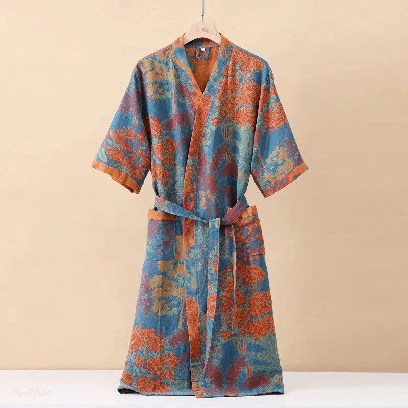 Peignoir Kimono Coton Bleu Et Orange Femme - Bleu Et Orange - M