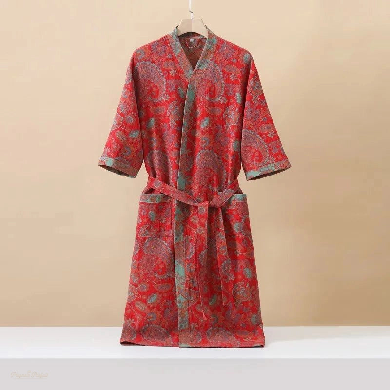 Peignoir Kimono Coton Imprimé Rouge Écarlate Femme - Rouge Écarlate - L