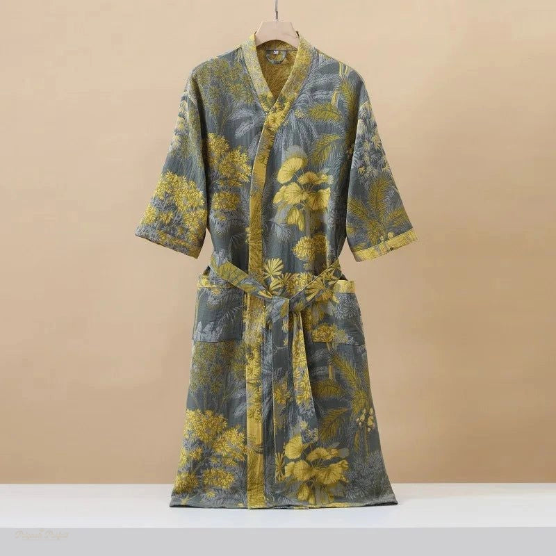 Peignoir Kimono Gris Fleuri Jaune Manches 3/4 Femme - Gris Fleuri Jaune - XL
