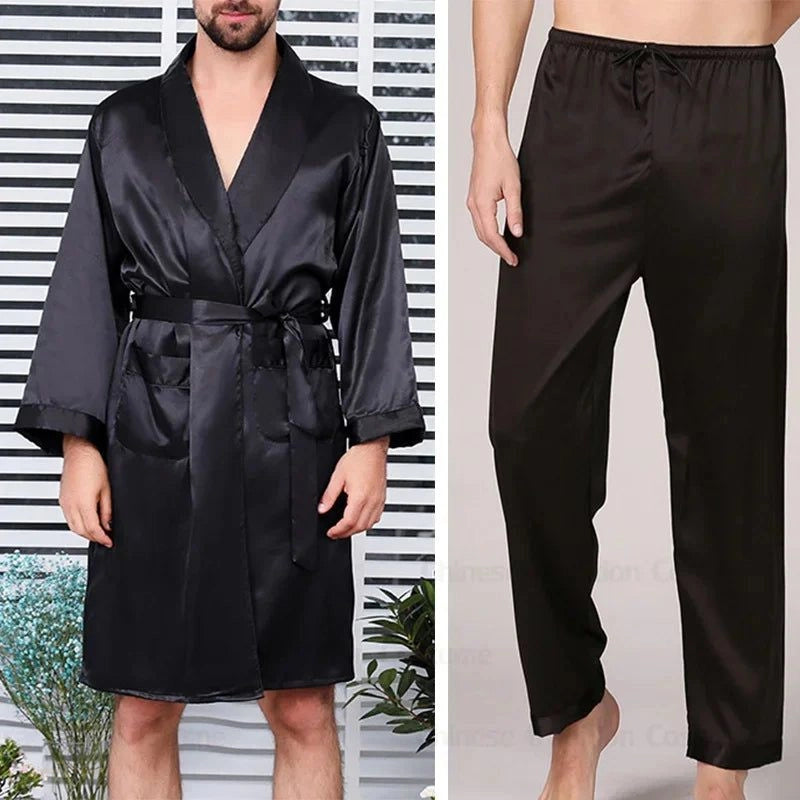 Peignoir Kimono Homme Satin Noir - Ensemble Pyjama - Noir Satiné - XXXL