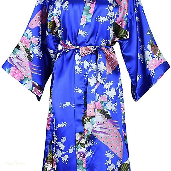 Peignoir Kimono Satin Bleu Royal Femme Floral - Bleu Royal Satiné - M
