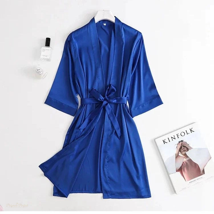 Peignoir Kimono Satin Femme Bleu Roi Manches 3/4 - Bleu Roi - L