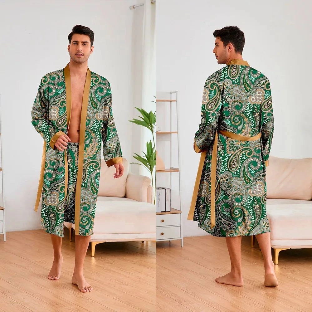 Peignoir Kimono Satin Homme Vert Émeraude Deux Pièces - Vert Émeraude - L