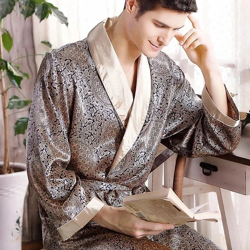 Peignoir Kimono Satin Or Et Bleu Homme Luxe - Or Et Bleu - M
