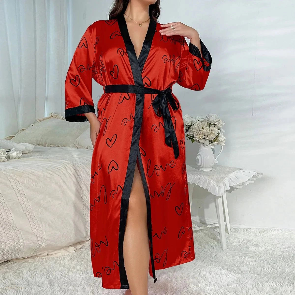Peignoir Kimono Satin Rouge Cœur Femme - Rouge Cœur - XXL