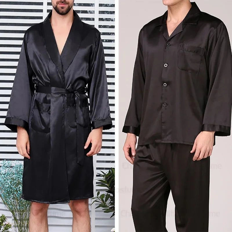 Peignoir Kimono Satiné Noir Homme - Ensemble Pyjama - Noir Satiné - M
