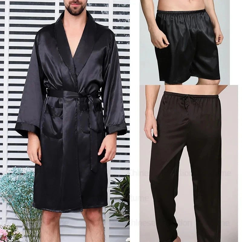Peignoir Kimono Satiné Noir Homme + Pantalon - Noir Satiné - M
