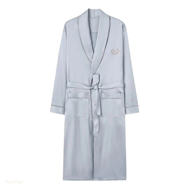 Peignoir Long Homme Bleu Clair Satin Manches Longues - Bleu Clair - XXXL