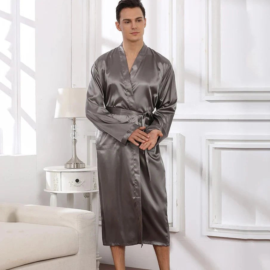 Peignoir long satin homme gris perle - Gris Perle - XL