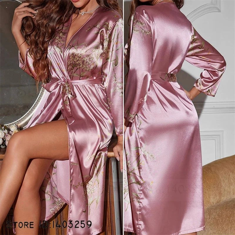 Peignoir Long Satin Rose Fleuri Femme - Rose Satiné Fleuri - S