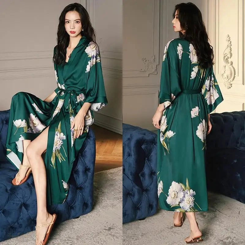 Peignoir Long Satin Vert Sarcelle Motif Floral Femme - Vert Sarcelle - One Size