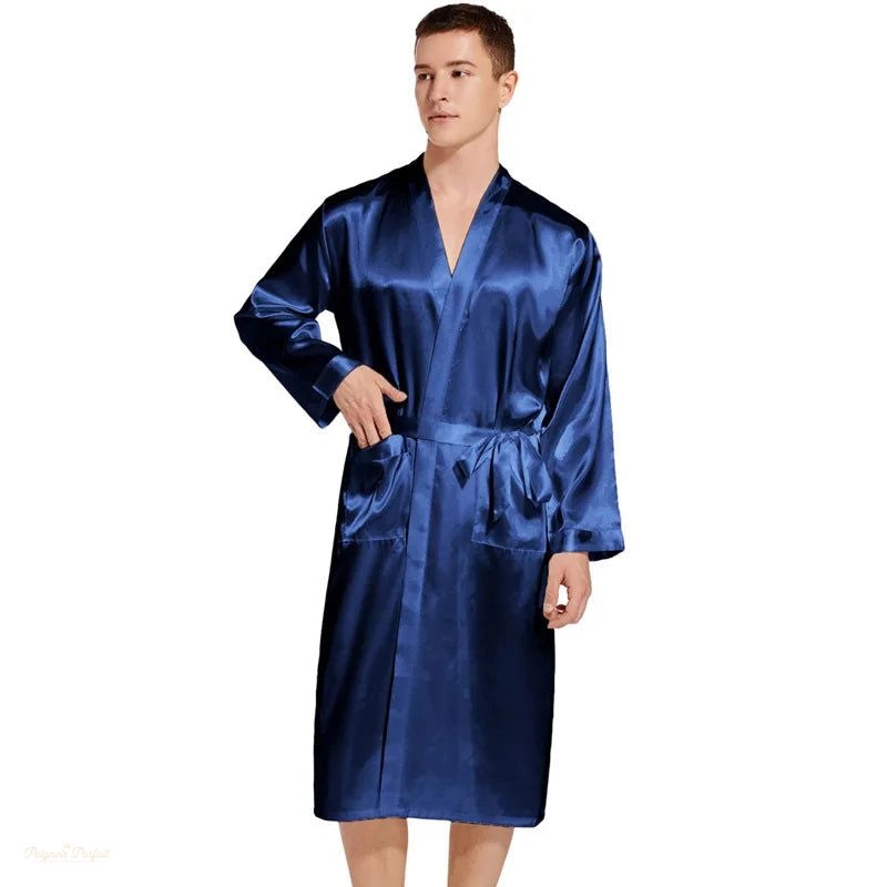 Peignoir Satin Bleu Marine Homme Manches Longues - Bleu Marine - S(57.5-65kg)