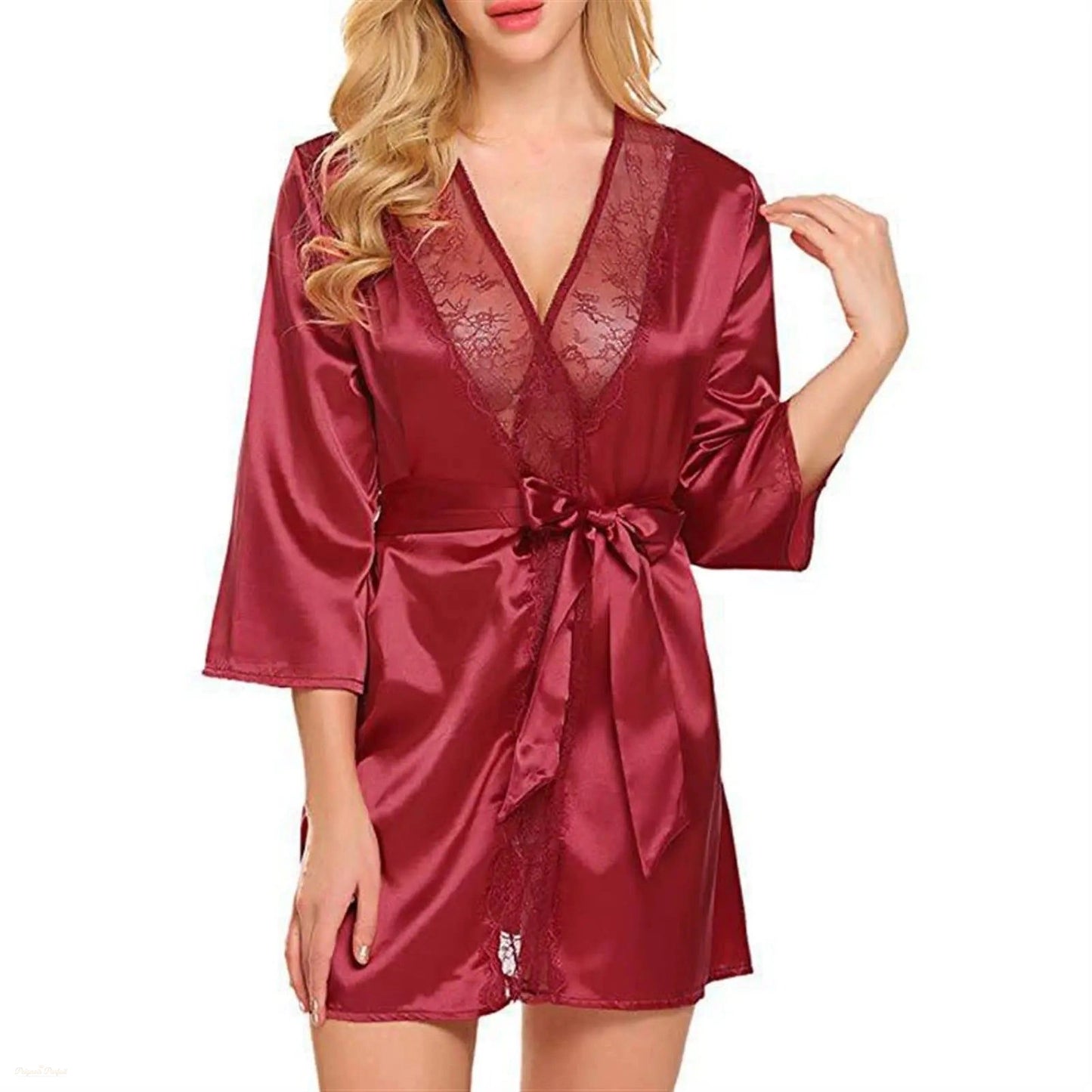 Peignoir Satin Bordeaux Sensuel Femme - Kimono Dentelle - Bordeaux Sensuel - XS(old)
