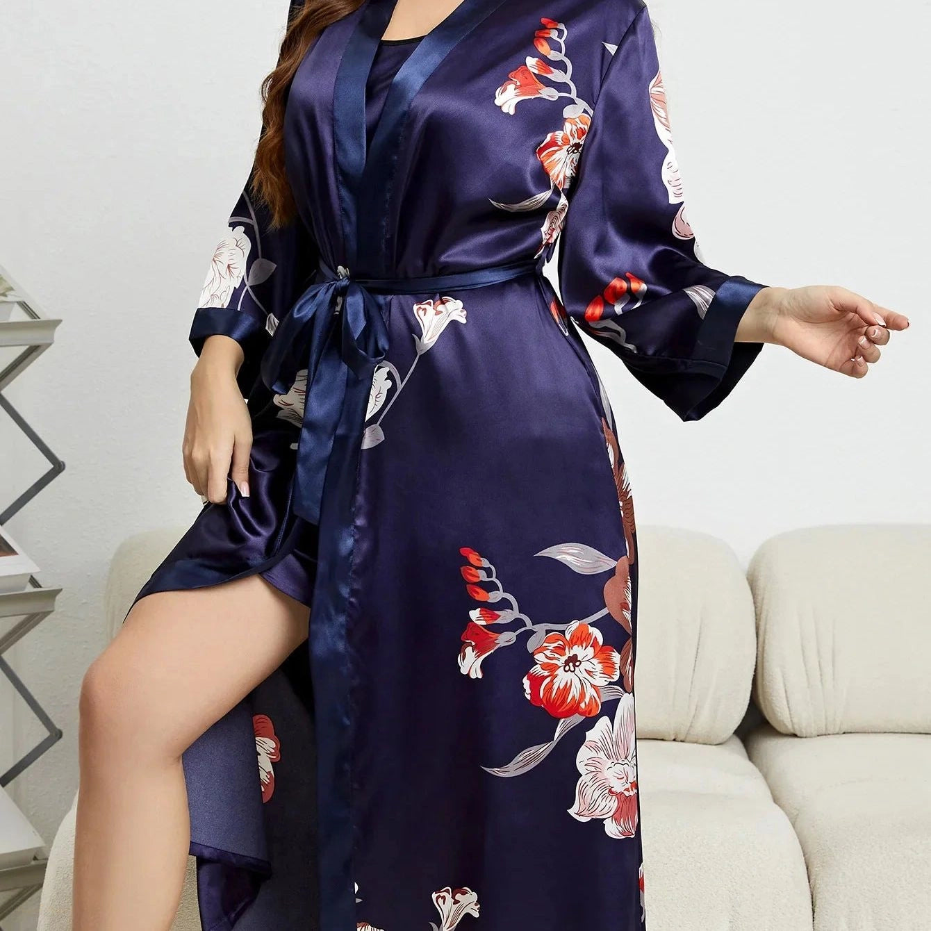 Peignoir Satin Femme Bleu Nuit Floral - Bleu Nuit Floral - XXL