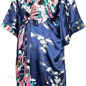 Peignoir Satin Femme Bleu Nuit Imprimé Grue - Bleu Nuit - XXL