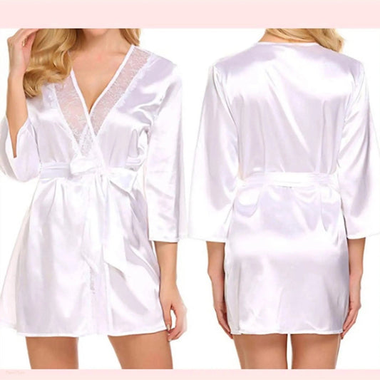 Peignoir Satin Femme Décolleté V Dentelle - 1