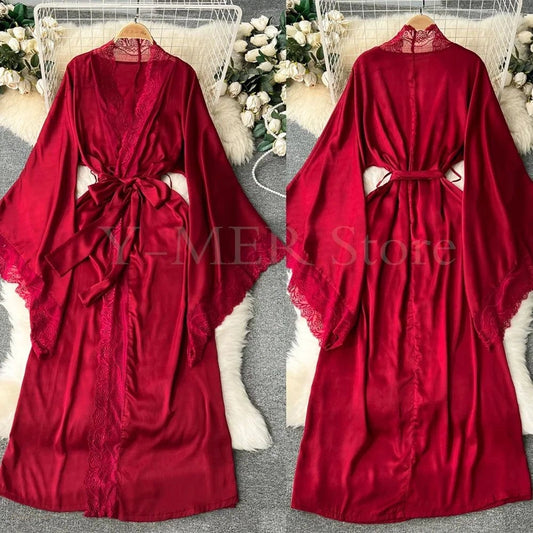 Peignoir Satin Femme Manches Longues Dentelle Chic - 1