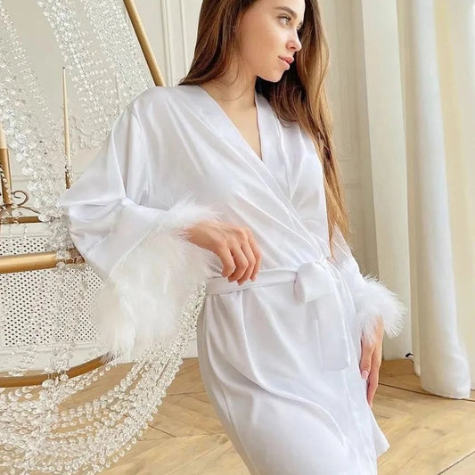 Peignoir Satin Femme Manches Longues Fourrure - 1